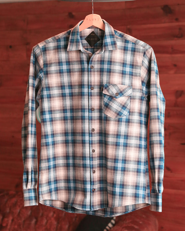 FLANELA AZUL PETROLEO E CINZA