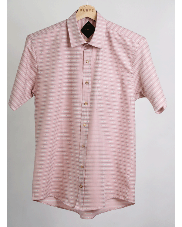 <transcy>Pink Shirt with white ethnic stripes</transcy>