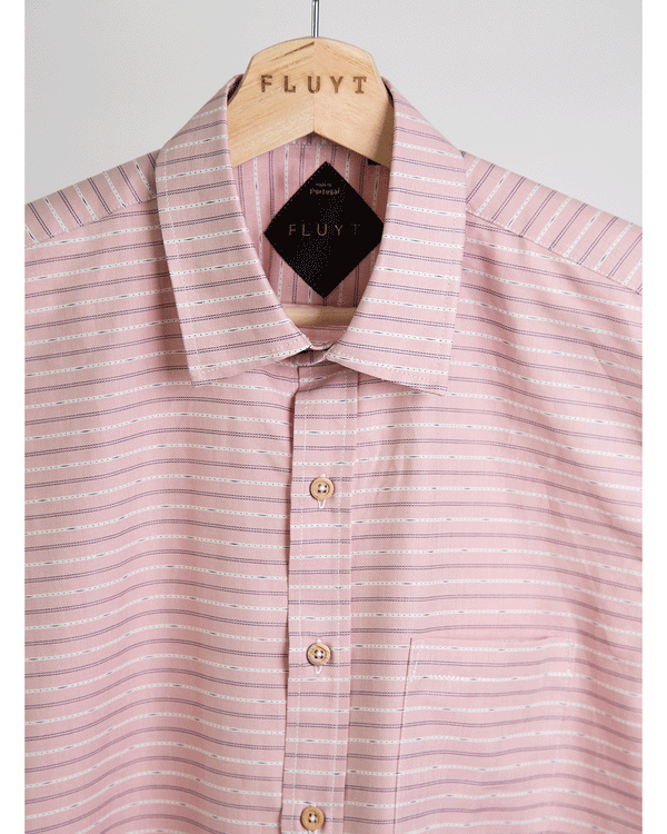 <transcy>Pink Shirt with white ethnic stripes</transcy>