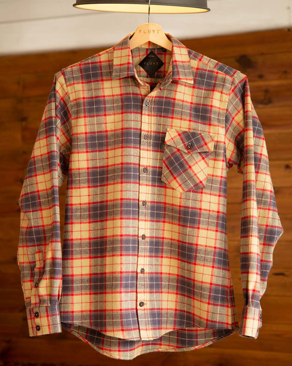 Mustard Checkered Flannel with Red Stripes