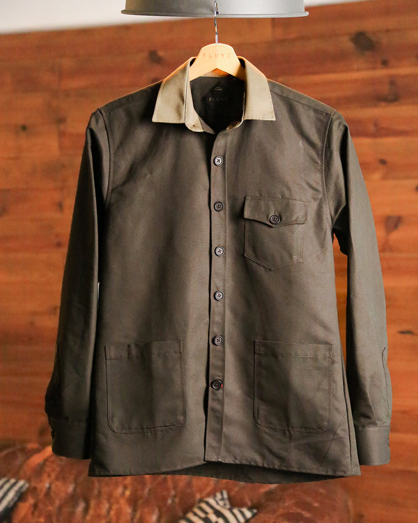 Dark Green twill jacket with light green collar and three pockets